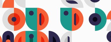 Soyut desenler üst üste binen daireler, yarı daireler, şekiller. Renkler turuncu, deniz mavisi, deniz mavisi, gri. Basit, modern tasarım.