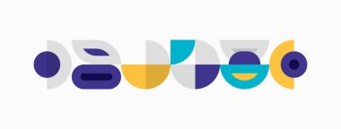 Soyut geometrik şekiller, daireler, dikdörtgenler, üst üste binen şekiller modern tasarım yaratır. Mor, sarı, deniz mavisi renkleri baskın bileşim..