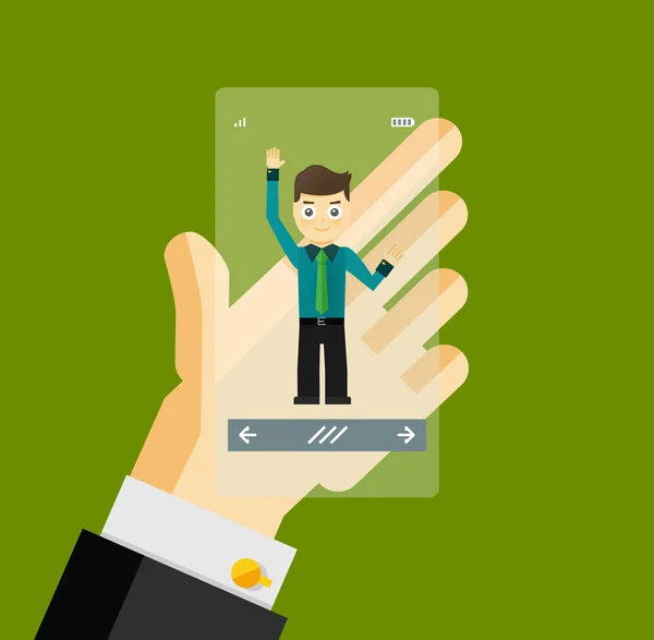 Menschliche Hand hält transparentes Smartphone mit virtuellem Assistenten - Geschäftsmann — Stockvektor