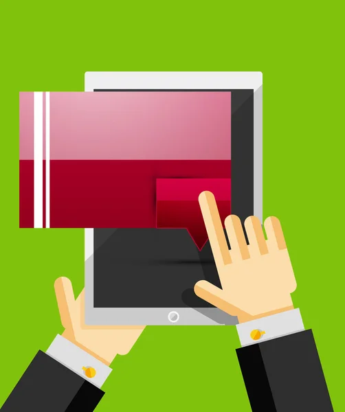 Business man mani su tablet mobile con finestra di dialogo web — Vettoriale Stock