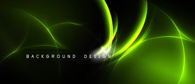 Soyut yeşil enerji siyah zemin üzerinde akar. Dinamik eğriler fütüristik görsel etki yaratır. Metin arkaplan tasarımı okur.