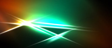 Parlak ışık çizgileri merkezi noktadan yayılır. Renkler harmanlanır, canlı, dinamik görsel efekt yaratır. Koyu arkaplan aydınlığı vurgular.