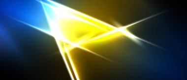 Parlak soyut ışık çizgileri kesişir. Canlı mavi, sarı, beyaz renkler koyu arkaplana hakim. Dinamik enerji merkezi noktadan yayılır.