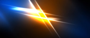 Parlak ışık çizgileri kesişiyor. Mavi, turuncu, beyaz renkler koyu arkaplana hükmediyor. Enerji merkezi noktadan yayılır. Soyut görsel efekt.