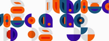 Abstract geometric pattern. Shapes overlap, creating vibrant visual texture. Orange, purple, teal dominate design. Simple forms repeat.