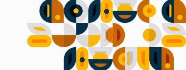 Abstract geometric shapes, muted colors, midcentury modern style. Composition features curves, lines, circles, rectangles. Minimalist design.