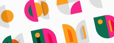 Soyut geometrik şekiller tekrar eder. Çemberler, yarı daireler, üçgenler eğlenceli desenler oluşturur. Parlak renkler beyaz arkaplana hakim.