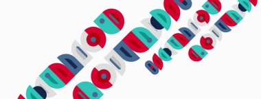 Renkli daireler, üst üste binen desenler, çapraz düzenleme. Pembe, deniz mavisi, kestane rengi, donanma renkleri baskın bileşim. Basit tasarım.