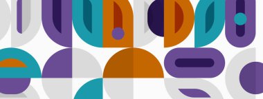 Soyut geometrik desen. Şekiller üst üste biniyor ve orta çağ modern estetiği yaratıyor. Renkler arasında deniz mavisi, mor, turuncu, gri var. Basit tasarım.