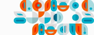 Abstract geometric shapes, teal, orange, light blue. Minimalist design, playful composition, modern aesthetic. Clean lines, simple forms.
