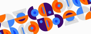 Soyut geometrik desen. Çemberler, kavisler, şekiller bej arka plan boyunca çapraz olarak tekrarlanır. Modern tasarım, canlı renkler.