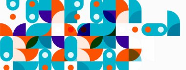 Soyut geometrik desen. Şekiller örtüşüyor, canlı renkli kompozisyon oluşturuyor. Modern tasarım, basit formlar, eğlenceli estetik..