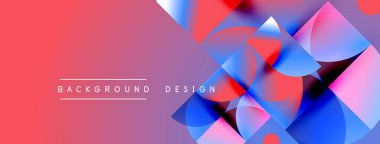 Soyut geometrik şekiller üst üste binerek canlı kırmızı mavi gradyan oluşturur. Metin arka plan tasarımı okur. Modern görsel kompozisyon.