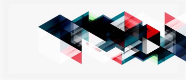 Soyut geometrik şekiller örtüşür, dinamik görsel doku oluşturur. Renkler arasında mavi, kırmızı, siyah, gri, beyaz var. Minimalist tasarım.