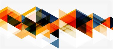 Soyut geometrik desen. Turuncu, sarı, mavi üçgenler üst üste binerek dinamik görsel doku oluşturuyor. Minimalist tasarım, modern estetik.