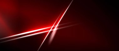 Soyut kırmızı arkaplan. Parlak çizgiler kesişir ve dinamik görsel efekt yaratır. Koyu alanlar parlayan elementlerle tezat oluşturur.