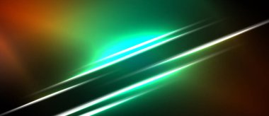 Soyut parlak çizgiler koyu arkaplan ile kesişiyor. Yeşil, turuncu renkler dinamik görsel efekt yaratır. Merkezi noktadan parlak bir ışık yayılıyor.