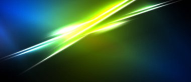 Soyut enerji çizgileri, canlı maviler, yeşiller, sarılar. Dinamik ışık efektleri fütüristik izlenim yaratır. Düzen eğimleri kompozisyona hakim.