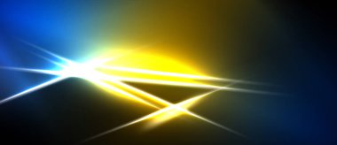 Parlak ışık çizgileri kesişiyor. Mavi, sarı renkler koyu arkaplana hakim. Soyut enerji merkezi noktadan yayılır.