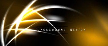 Soyut neon çizgileri, karanlık arka planda parlayan dinamik eğriler oluşturur. Sarı, beyaz ışık geleceksel görsel efekt yaratır.