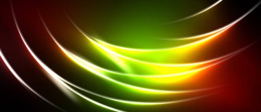 Soyut tasarım canlı kıvrımlar, akan çizgiler içerir. Renkler kırmızı, sarı, yeşil ve siyah arkaplandan geçiyor. Dinamik, modern estetik.