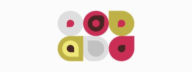 Geometrik desen renkli daireler, kareler, dikdörtgenler içerir. Sessiz tonları, basit şekilleri, temiz estetiği olan minimalist tasarım..