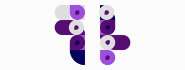 Soyut tasarım mor, beyaz daireler, şekiller içerir. Minimalist kompozisyon modern görsel etki yaratır. Basit geometri resme hakim olur.