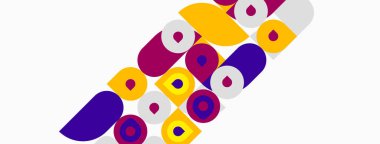 Soyut şekiller, mor, sarı, lavanta, beyaz arka plana hakim. Yuvarlak dikdörtgenler, daireler dinamik bileşim oluşturur. Modern tasarım.