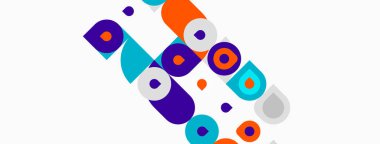 Soyut geometrik şekiller, daireler, kareler, canlı renkler. Açık arkaplanda mor, turuncu, beyaz elementler yer almaktadır.