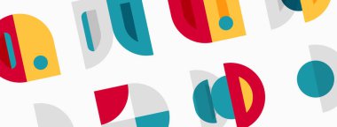 Soyut geometrik şekiller çakışıyor, renkli desenler yaratıyor. Kırmızı, deniz mavisi, sarı, gri baskın tasarım. Basit formlar neşe dolu estetik önerir.