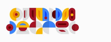 Soyut geometrik şekiller renkli kelime Google 'ı oluşturur. Çemberler, kareler, üst üste binen elementler oyuncu bir tasarım yaratır. Parlak renkler kompozisyona hakim.