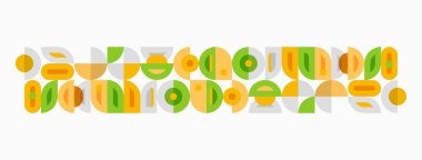 Retro tipografi tasarımı. Geometrik şekiller kelimeleri oluşturur. Yeşil, altın ve bej tonlarını kullanır. Minimalist estetik, eski tarz..