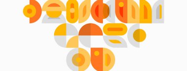 Soyut geometrik şekiller metni oluşturur. Sıcak turuncu renkler tasarıma hakim. Minimalist stil retro estetiği çağrıştırıyor. Kompozisyon neşeli, modern hissettiriyor..