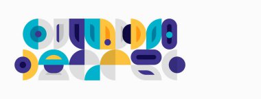 Soyut geometrik şekiller renkli desenler oluşturur. Çemberler, kareler, dikdörtgenler uyumlu bir tasarım yaratıyor. Modern estetik.