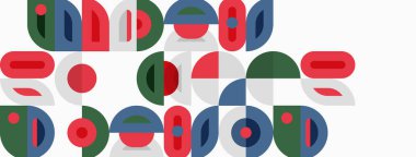 Abstract shapes, circles, ovals, rectangles overlap. Colors include red, green, blue, gray. Minimalist design, flat illustration.