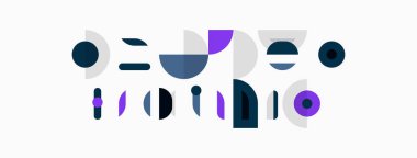 Soyut geometrik şekiller, daireler, dikdörtgenler, mor, gri renkler. Minimalist tasarım, modern estetik, basit kompozisyon. Temiz çizgiler, düz çizimler..