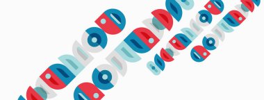 Renkli geometrik şekiller beyaz arkaplan boyunca çapraz olarak tekrarlanır. Daireler, kareler, dikdörtgenler eğlenceli desenler oluşturur. Minimalist tasarım.