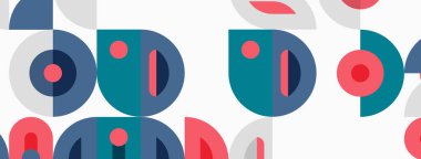 Abstract geometric pattern. Shapes overlap, creating playful visual texture. Colors include blue, red, teal, gray. Simple design.