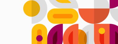 Soyut geometrik şekiller örtüşür, canlı renk blokları oluşturur. Sıcak tonlar tasarıma egemen, modern estetiğe işaret ediyor.