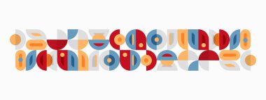 Soyut geometrik desen. Çemberler, kareler, dikdörtgenler orta çağ modern estetiği yaratır. Sıcak renkler kompozisyona hakim.