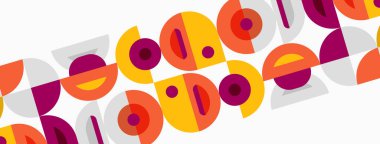 Tekrar eden düzen. Çemberler, kareler soyut tasarım oluşturarak örtüşüyor. Sıcak renkler baskın, bej arkaplan karşıtlık sağlar.