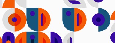 Abstract geometric pattern. Circles, semicircles, shapes overlap using orange, purple, teal colors. Modern design, simple aesthetic.