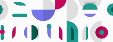 Abstract geometric shapes overlap, creating colorful pattern. Circles, rectangles, semicircles dominate composition. Modern design elements present.