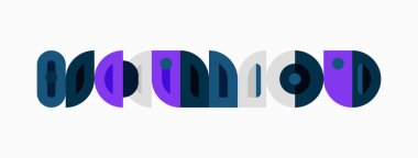 Soyut geometrik şekiller kelime modunu oluşturur. Teal, mor, donanma renkleri tasarımda baskın. Minimalist estetik, temiz çizgiler mevcut.