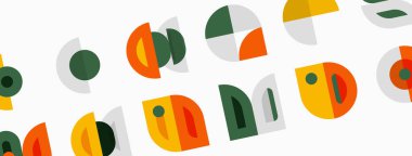 Soyut geometrik şekiller tekrar eder. Çemberler, kavisler, segmentler eğlenceli desenler oluşturur. Renkler arasında turuncu, yeşil, sarı, gri.