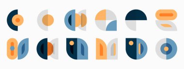 Geometrik şekiller, daireler, dikdörtgenler, sessiz renkler. Minimalist tasarım, şablon tekrarı, modern estetik, düz çizim.