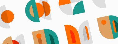 Soyut geometrik desen. Şekiller üst üste biniyor ve orta çağ modern estetiği yaratıyor. Renkler arasında turuncu, deniz mavisi, bej, gri yer alıyor. Basit tasarım.