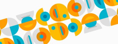 Soyut desenler üst üste binen daireler, turuncu, deniz mavisi, gri. Tekrarlayan tasarım dinamik görsel doku yaratır. Basit şekiller, modern estetik..