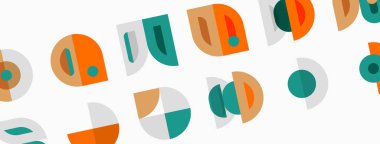 Soyut geometrik şekiller tekrar eder. Turuncu, deniz mavisi, gri renkler tasarımda baskın. Minimalist desen modern estetik yaratır.