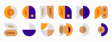 Soyut geometrik şekiller, turuncu, mor renkler. Minimalist tasarım, desenler, daireler, çizgiler, kompozisyon. Modern estetik, düz çizim.